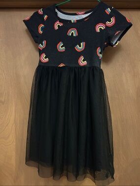 Girls' Black Rainbow Print Tulle Dress - Cute Everyday Party Style